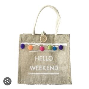 Hello Weekend Pom Pom Linen Burlap Mini Tote Bag